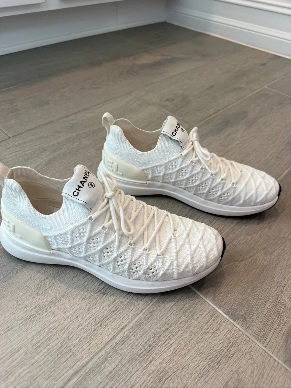 Chanel Women’s White Knit Lace-Up Sneakers